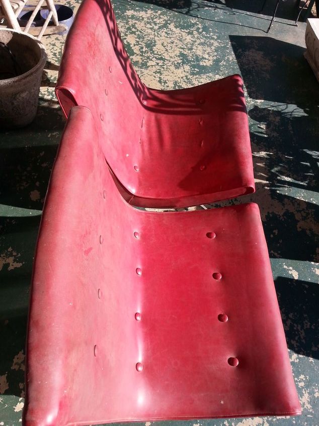 q how do i restore my antique chairs, painted furniture, repurposing upcycling, Both chairs side by side you can see that the leather is dirty and a couple of buttons are missing on one