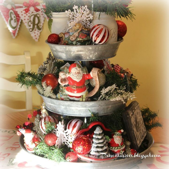 how to make a galvanized tiered tray christmas centerpiece mini bottle brush christmas trees
