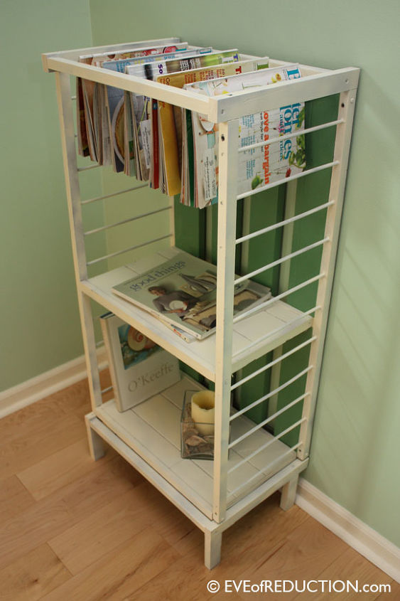 how to upcycle a small crib into a stylish highly functional new piece of furniture, painted furniture, repurposing upcycling, After photo of crib upcycled into a storage unit with magazine hanging rack
