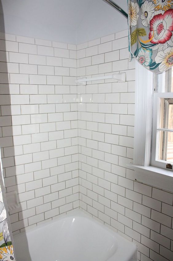 1950 s guest bath goes from a 1980 s renovation to a 2013 one, bathroom ideas, home decor, Subway tile with gray grout gives the bath a vintage feel