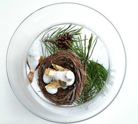 winter nesting make a winter y scene in a glass bowl, crafts, seasonal holiday decor, Start by filling a large glass bowl with fake snow