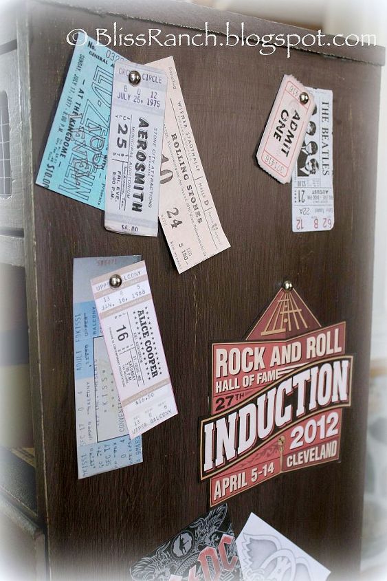 rock amp roll dresser, painted furniture, repurposing upcycling, Vintage concert tickets of classic rock mixed with new decals