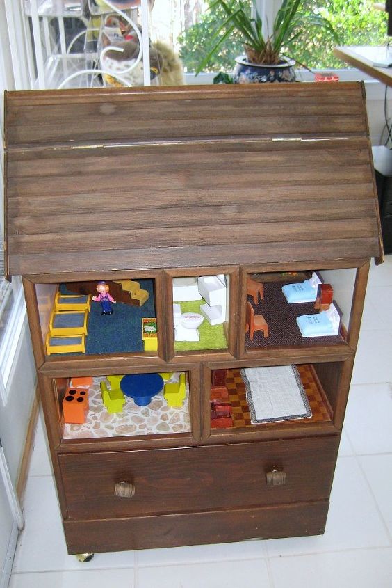 doll house created from chest of drawers, crafts, repurposing upcycling, Dollhouse front view with roof closed