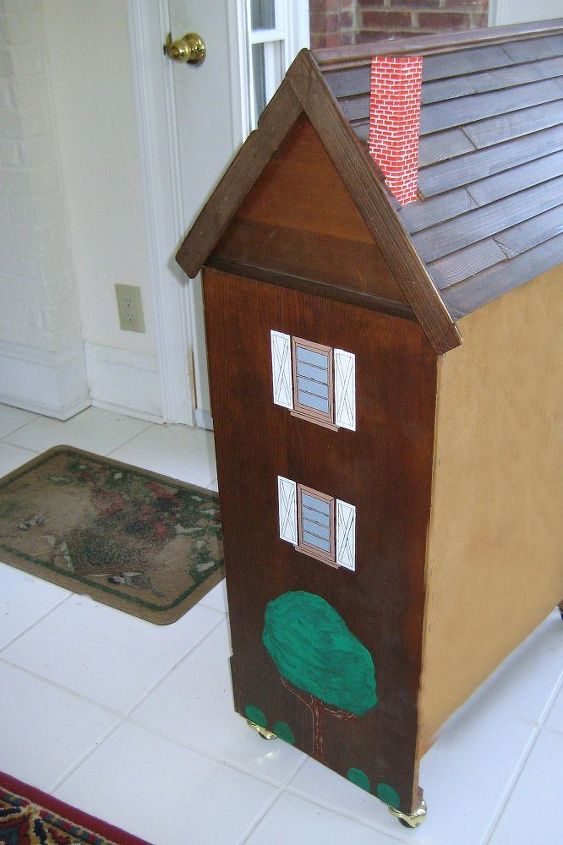 doll house created from chest of drawers, Side with windows and trees painted