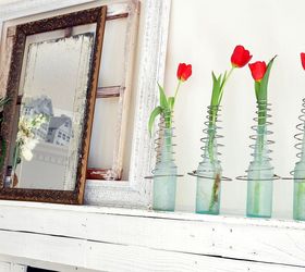 valentine s day ideas, crafts, repurposing upcycling, seasonal holiday decor, valentines day ideas, Vintage bed springs on old bottles hold red tulips on the mantle