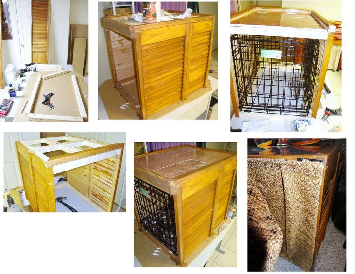 dog crate enclosure, diy, repurposing upcycling, woodworking projects, 1 framed enclosure 2 cut bifold sections 3 stain poly 4 used leftover tile glass for top 5 velcro see on top right to hold rear curtain