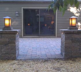paver patio, concrete masonry, patio, Techo Bloc Pillars with lights from Escort Lighting in Wernersville