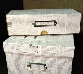 cover shoeboxes with newspaper for stylish frugal storage, crafts, decoupage, Shoe boxes covered in newspaper