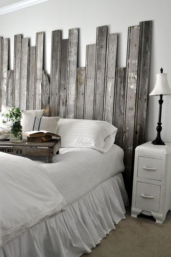 reclaimed wooden headboard, home decor, woodworking projects, Salvaged boards create an interesting rustic headboard