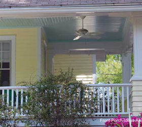 why blue porch ceilings, paint colors, painting, porches, walls ceilings, Very light blue ceiling contrasts with butter yellow siding