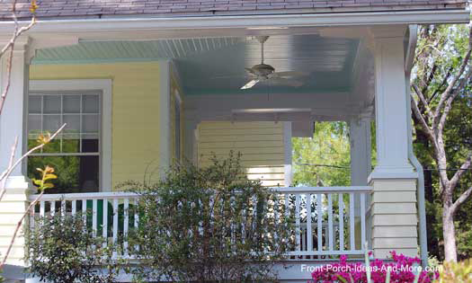 why blue porch ceilings, paint colors, painting, porches, walls ceilings, Very light blue ceiling contrasts with butter yellow siding