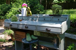 the perfect piece for a porch, flowers, gardening, outdoor furniture, painted furniture, repurposing upcycling, A smoky blue color updated the worn pine wood Lots of ledges and drawers give plenty of space for storage