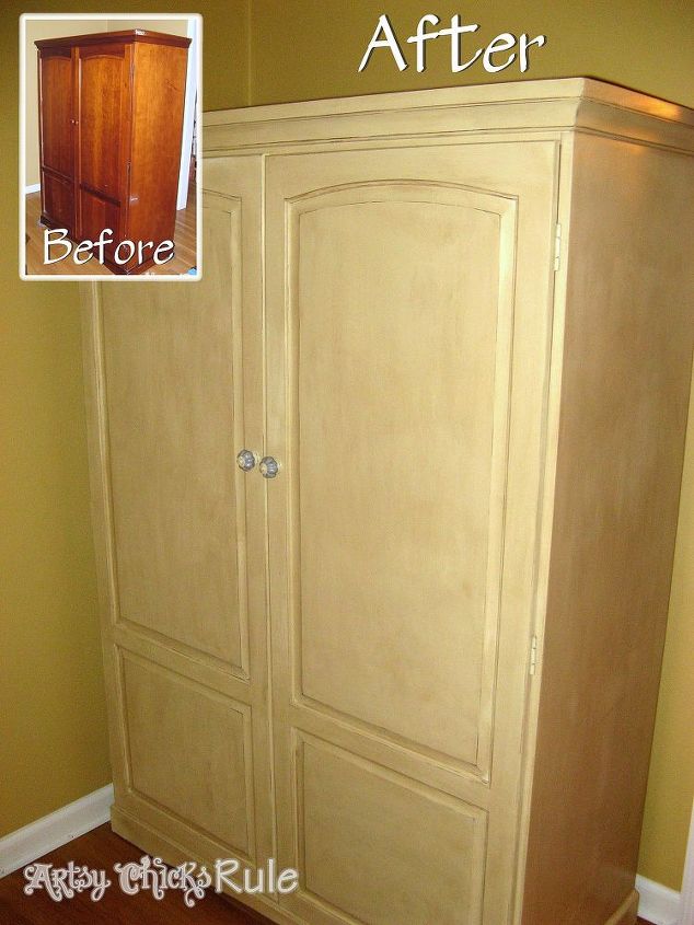 tired old furniture change it up chalk paint style, chalk paint, painted furniture, Cherry wood cabinet that had the door broken off during a move The paint now covers all the damage and makes it like new