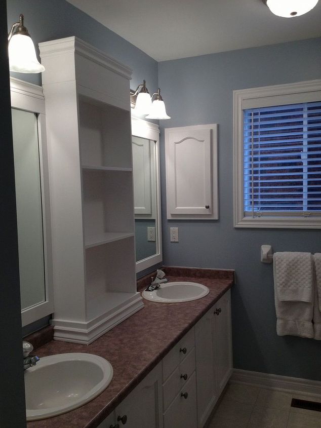 large bathroom mirror redo to double framed mirrors and cabinet