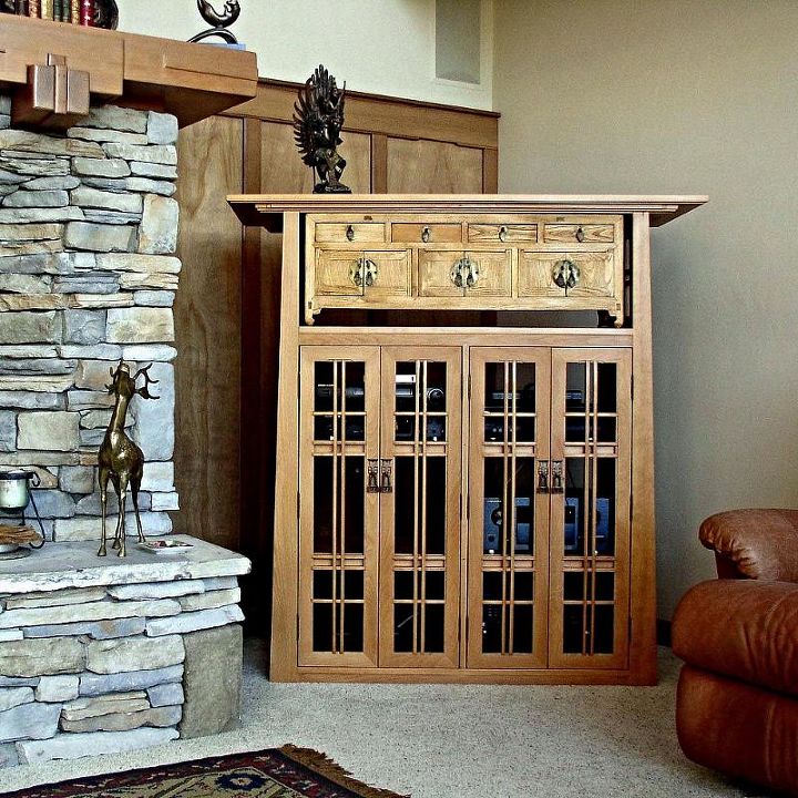 a media cabinet for an arts and crafts style living room, diy, doors, fireplaces mantels, home decor, kitchen cabinets, organizing, painted furniture, woodworking projects, Beech Media Cabinet with an Oriental Chest and Mackintosh Door Pulls