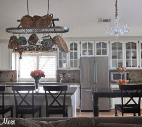 my white kitchen tour, home decor, kitchen backsplash, kitchen design, kitchen island, To create coziness with the high ceilings we chose to add a pot rack This helps with limited storage too