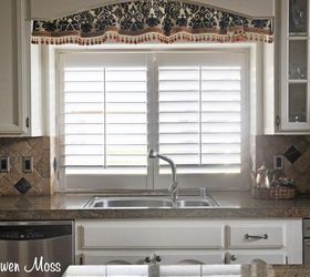 my white kitchen tour, home decor, kitchen backsplash, kitchen design, kitchen island, This black and cream valance is leftover from my office re do I just taped them from inside and voila