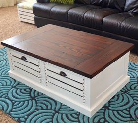 coffee table with crate storage drawers and stools, home decor, organizing, painted furniture, storage ideas, woodworking projects
