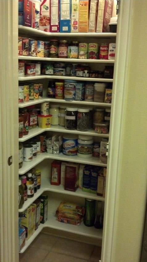 pantry remodel, I can see everything We did add one more shelf up high a little later And the bottom shelf is about 8 inches from the floor so I can clean