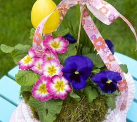 easter bonnet hanging basket, crafts, easter decorations, seasonal holiday decor, Add Ribbon and plastic eggs