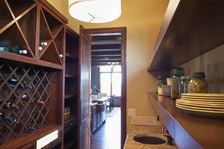 warm kitchen with a cool ceiling detail, home decor, kitchen design, kitchen island, The butler s pantry wine room
