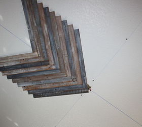 reclaimed wood herringbone pattern on the ceiling, diy, how to, woodworking projects, First row Mark your center and measure off a 45 degree angle to start the 1st board