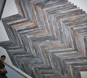 reclaimed wood herringbone pattern on the ceiling, diy, how to, woodworking projects, Hub used a combo of small nails after I dabbed each one with Liquid Nails