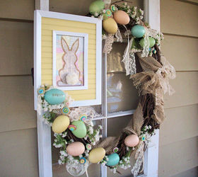 blogs and hometalk inspired vintage easter wreath, easter decorations, seasonal holiday d cor, wreaths, Burlap wired ribbon over grapevine with speckled eggs was the starting point the window I used from my Welcome Window Wreath post is definitely now a front porch fixture