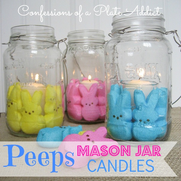 easter fun my peeps mason jar candles, crafts, easter decorations, mason jars, seasonal holiday decor, Fun Easter candles made from Mason jars votive holders and Peeps that s it