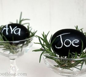 a last minute addition to my easter brunch table chalkboard egg place cards so, chalkboard paint, crafts, easter decorations, seasonal holiday decor, I clipped a bit of fresh rosemary but you could use anything I put them in vintage champagne glasses