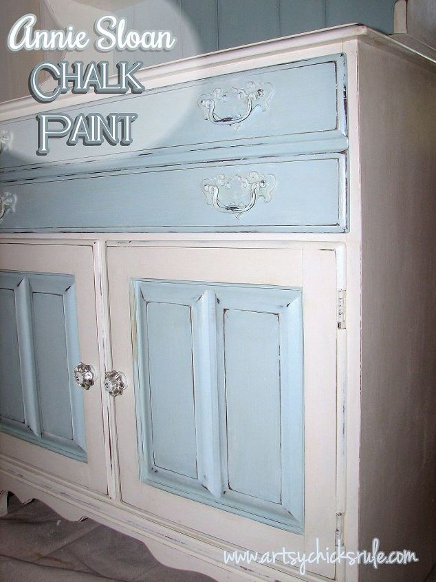dated 70 s hutch transformed into a coastal shabby treasure, chalk paint, painted furniture, Chalk painted 2 tone 2 piece hutch