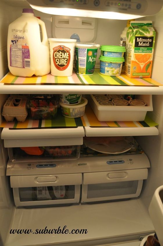 make your own fridge liners, crafts, Should any food decide to get crazy you can now just pull out the placemat and quickly wipe it down No need to remove heavy shelves