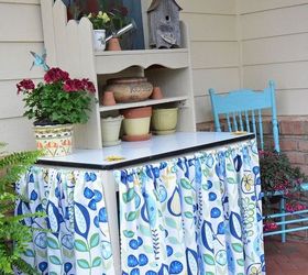 potting bench, flowers, gardening, painted furniture, Fabric from JoAnn Fabrics
