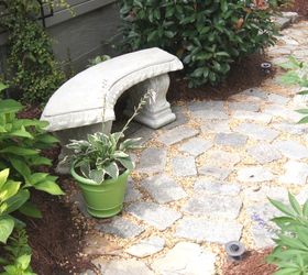 recycled granite block patio, outdoor living, patio, A bench gives the space purpose I can t believe I almost gave these granite blocks away