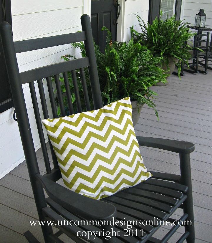chevron porch pillows for spring springdecor, home decor, porches, A simple green chenvron pillow makes this rocker inviting