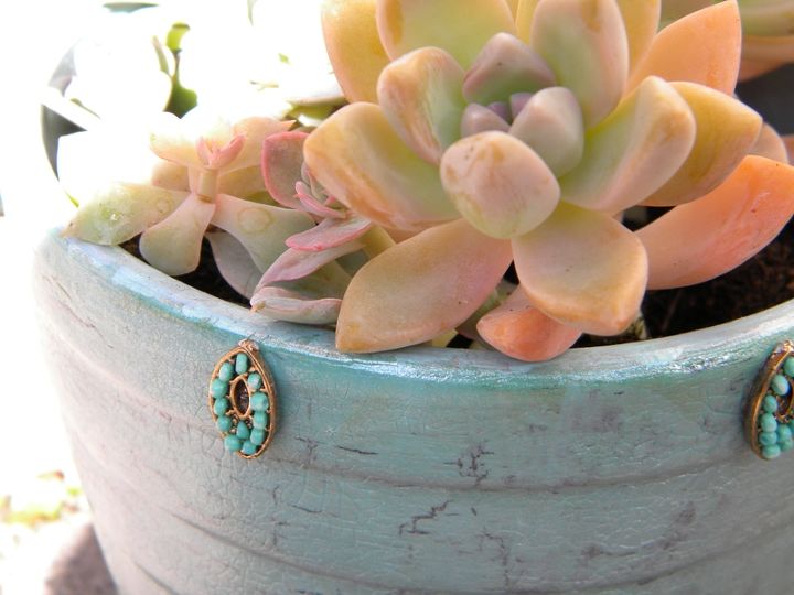 inspired by turquoise crackle paint pot, crafts, painting, Pieces of costume jewelry finish off the pot s turquoise theme
