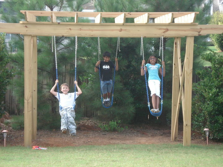 pergola, outdoor living, pergola in back yard kids zone w swing