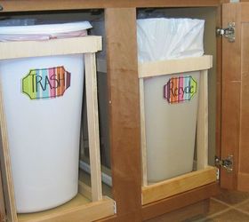 kitchen organization, closet, diy, shelving ideas, storage ideas, woodworking projects, Finally we added the trashcans The framing around the recycling can is shorter to avoid hitting an electrical junction box