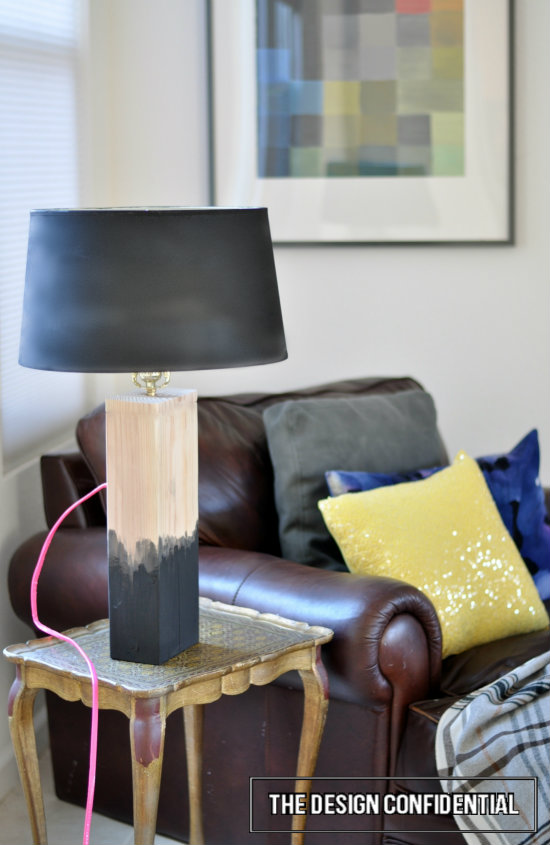 diy salvaged wood lamp, diy, home decor, lighting, woodworking projects, Black and White geometric table lamp with a surprise pop of neon using Wayfair com s Deran Lamp Shade