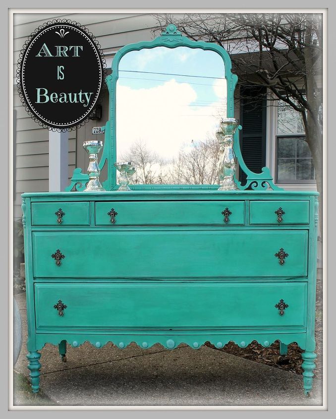 from beast to beauty custom sea glass colored antique dresser redo, painted furniture