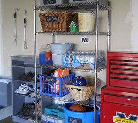 garage re organization, garage doors, organizing, storage ideas, Adding simple metal shelving and bins to corral clutter was a huge help