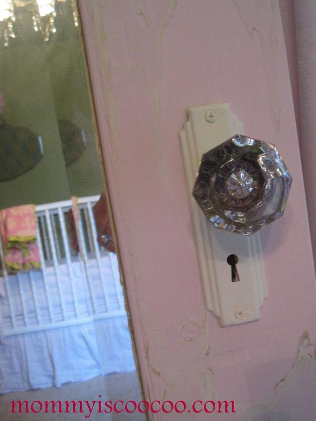 salvaged antique door from fire to fairytale, doors, repurposing upcycling, A vintage door plate and glass knob are perfect for this door Not to mention this knob will make a beautiful hook for Emmerson s things