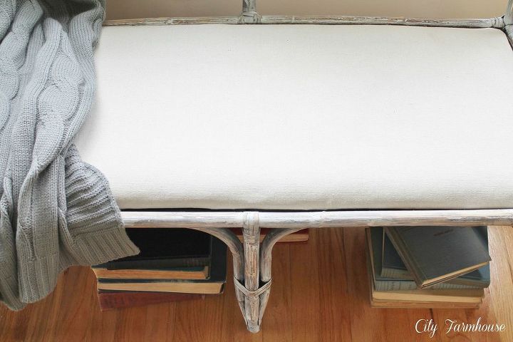 how to get the restoration hardware look for less, painted furniture, reupholster, Using a drop cloth gives the bench a neutral textured look resembling Restoration Hardware