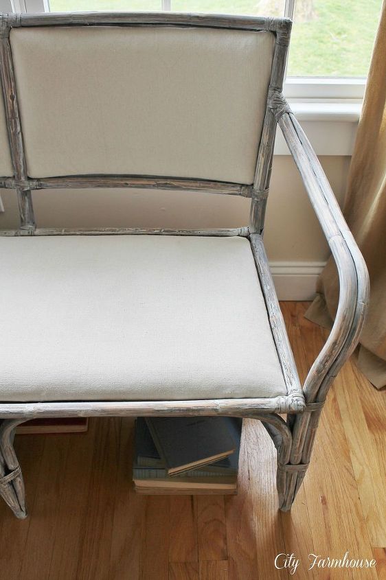 how to get the restoration hardware look for less, painted furniture, reupholster, The fabric gives a beautiful contrast to the weathered wood
