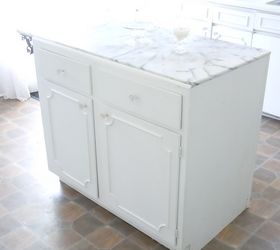 budget friendly kitchen makeover, home decor, kitchen design, kitchen island, My kitchen island was a cabinet pulled out from curbside given a fresh coat of paint glass knobs and a marble top Also a great score on Craigslist