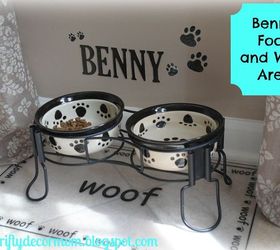 how to decorate pet areas amp save money, home decor, pets animals, Food Water Area Paw print stickers self stick letters are from my local craft store