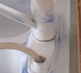 how to easily remove hard water deposits, home maintenance repairs, how to, You can see the blue soap from the scouring pad where I had to scrub a little harder than the toothbrush would allow