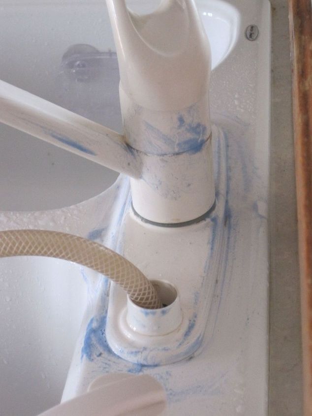 how to easily remove hard water deposits, home maintenance repairs, how to, You can see the blue soap from the scouring pad where I had to scrub a little harder than the toothbrush would allow