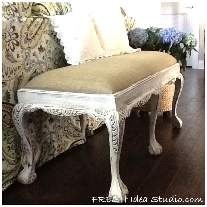 fresh clean slipcovers amp a sexy claw foot burlap bench, painted furniture, Sexy Claw foot Bench AFTER some DIY Paris paint and burlap fabric