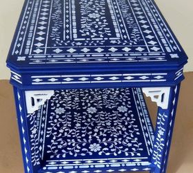 my blue stenciled table when a little stenciling is not enough, painted furniture, My blue uber Stenciled Table I call it Festooned